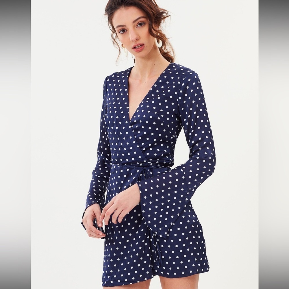 SELFIE LESLIE Navy Blue Polka Dot Wrap Romper Size Small